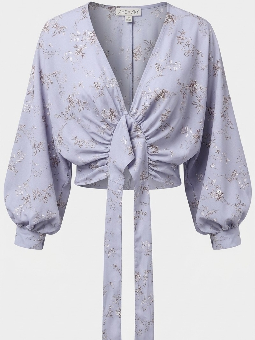 She + Sky Lavender Floral Tie-Front Crop Blouse